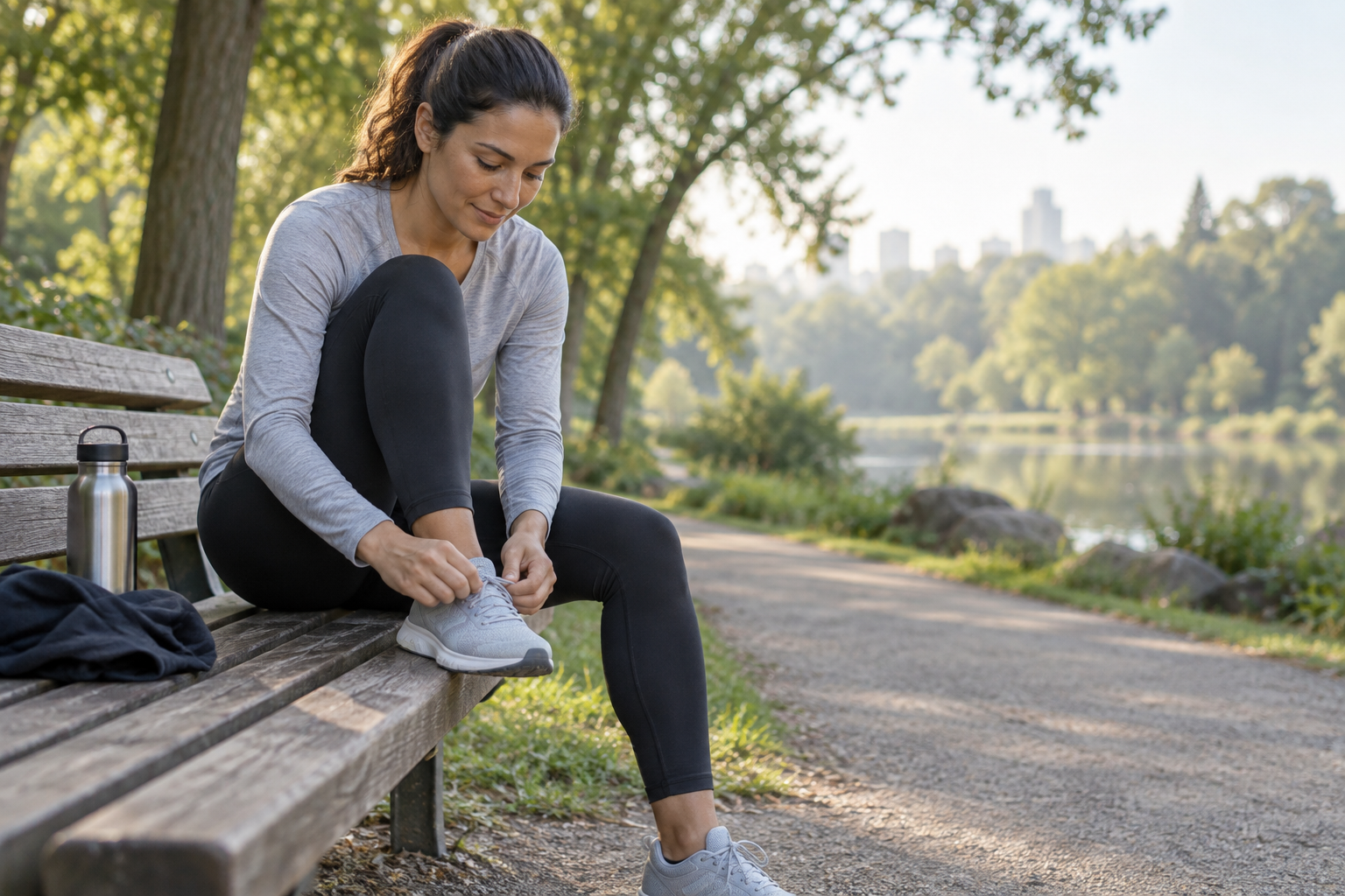 A person sitting on a bench tying their trainers in a green park before an easy workout