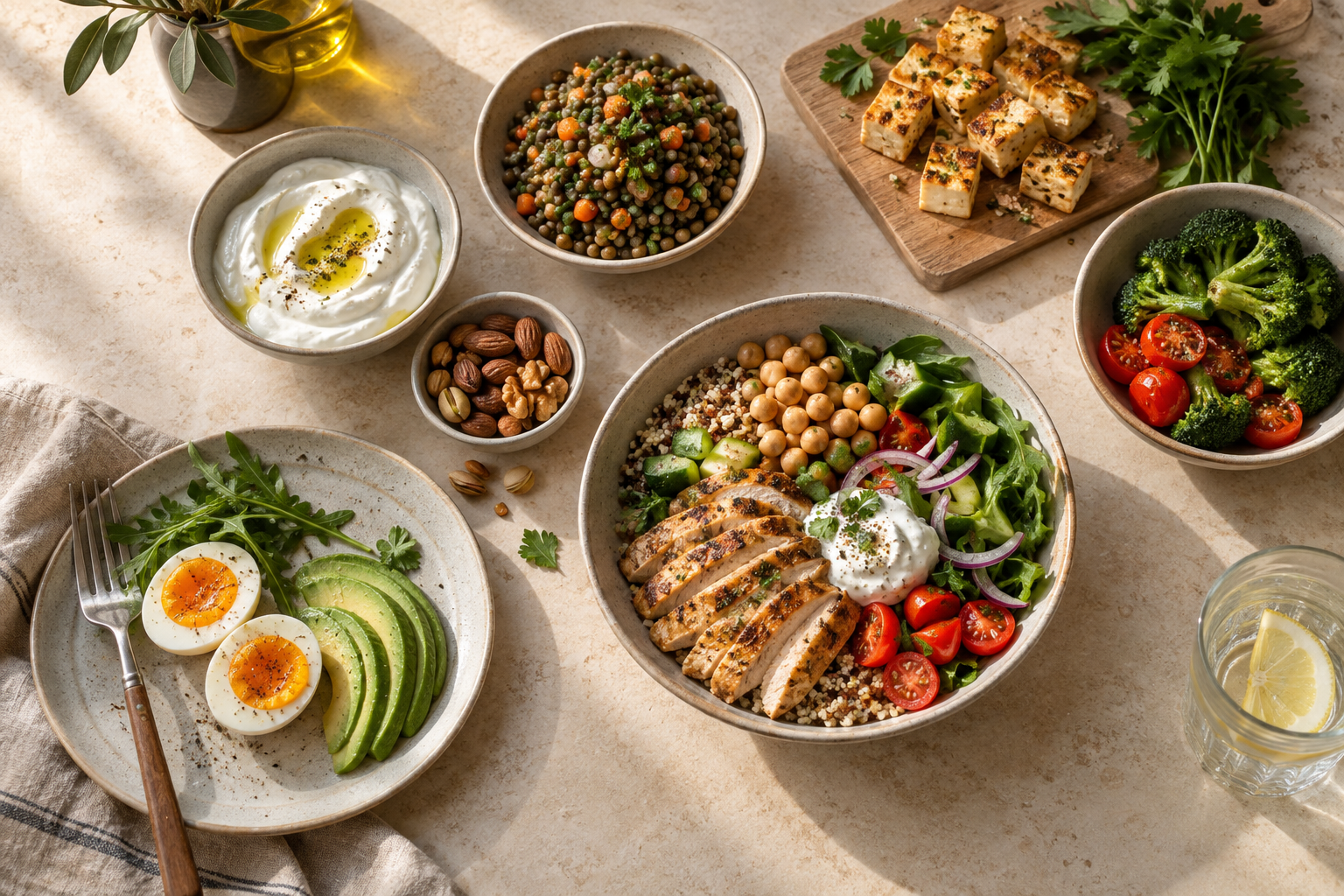 Eggs, yogurt, chicken, fish, legumes and other protein foods