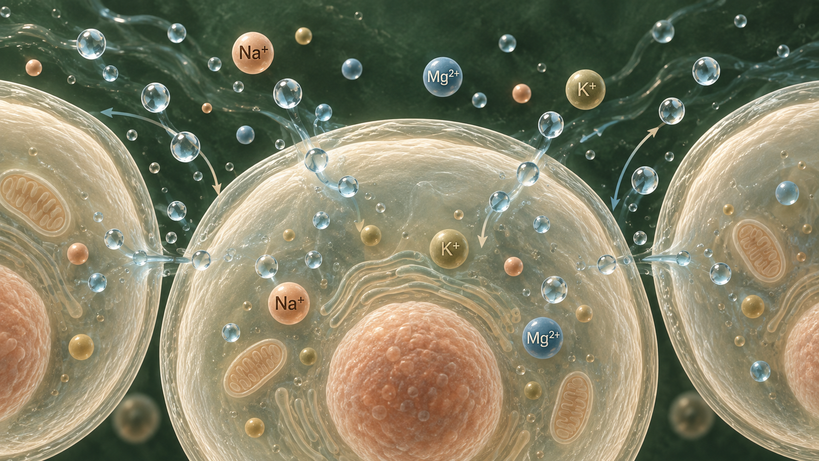 Illustration of water and electrolyte balance, including sodium, potassium and magnesium, inside and outside cells