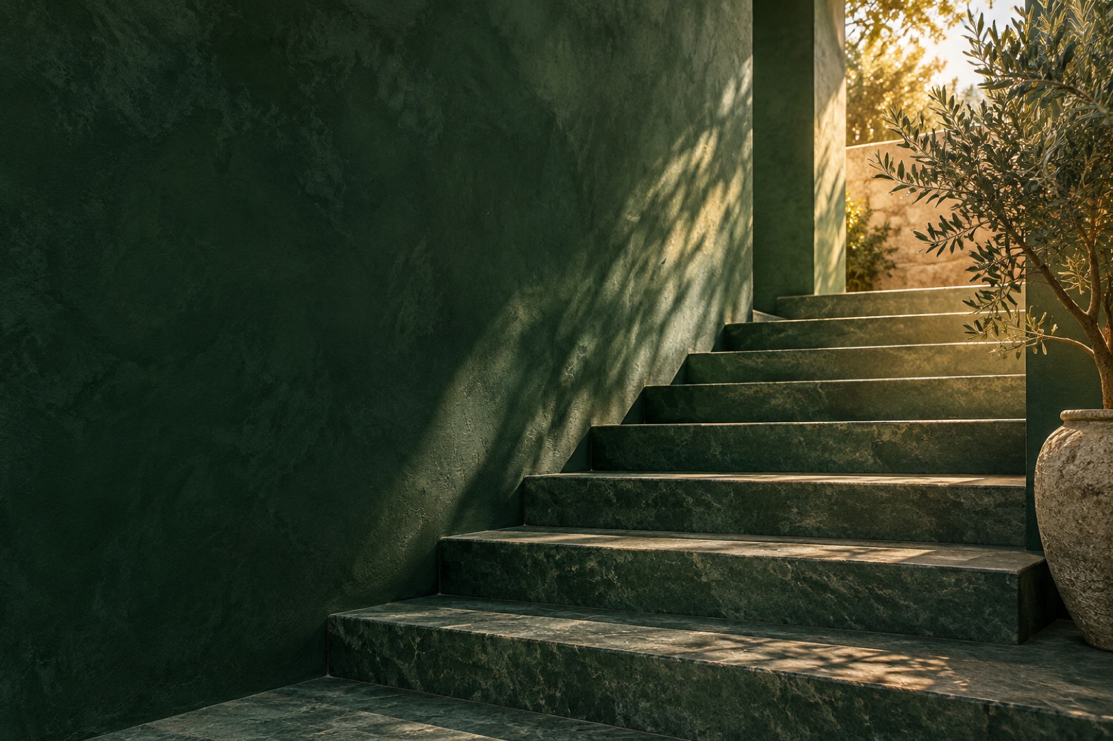 Green steps towards the light, a symbol of personal growth